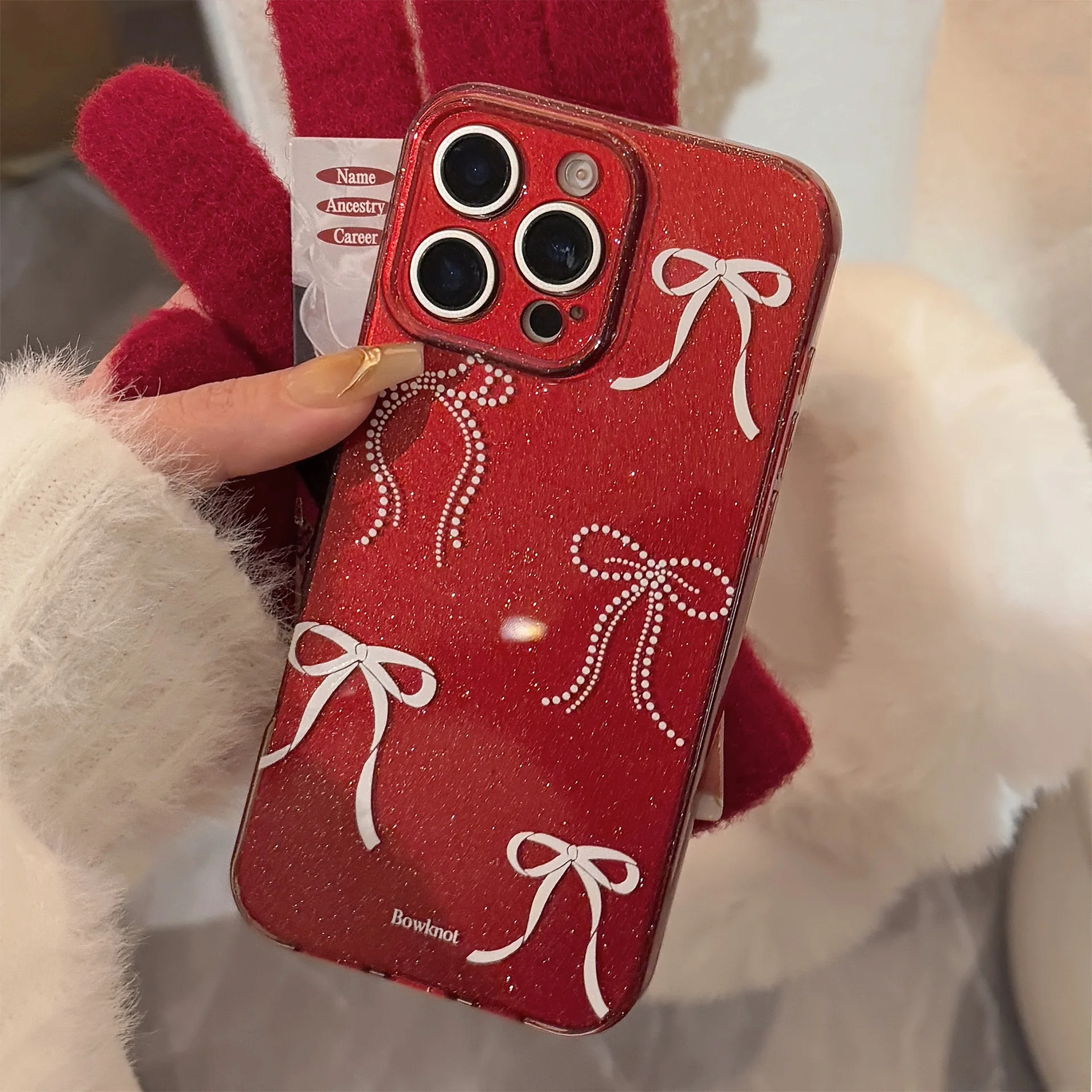 진주 리본 활 타이 반짝이 아트 버건디 전화 케이스, 아이폰 16, 15, 14, 13 프로 맥스 케이스, 귀여운 럭셔리 만화 충격 방지 커버