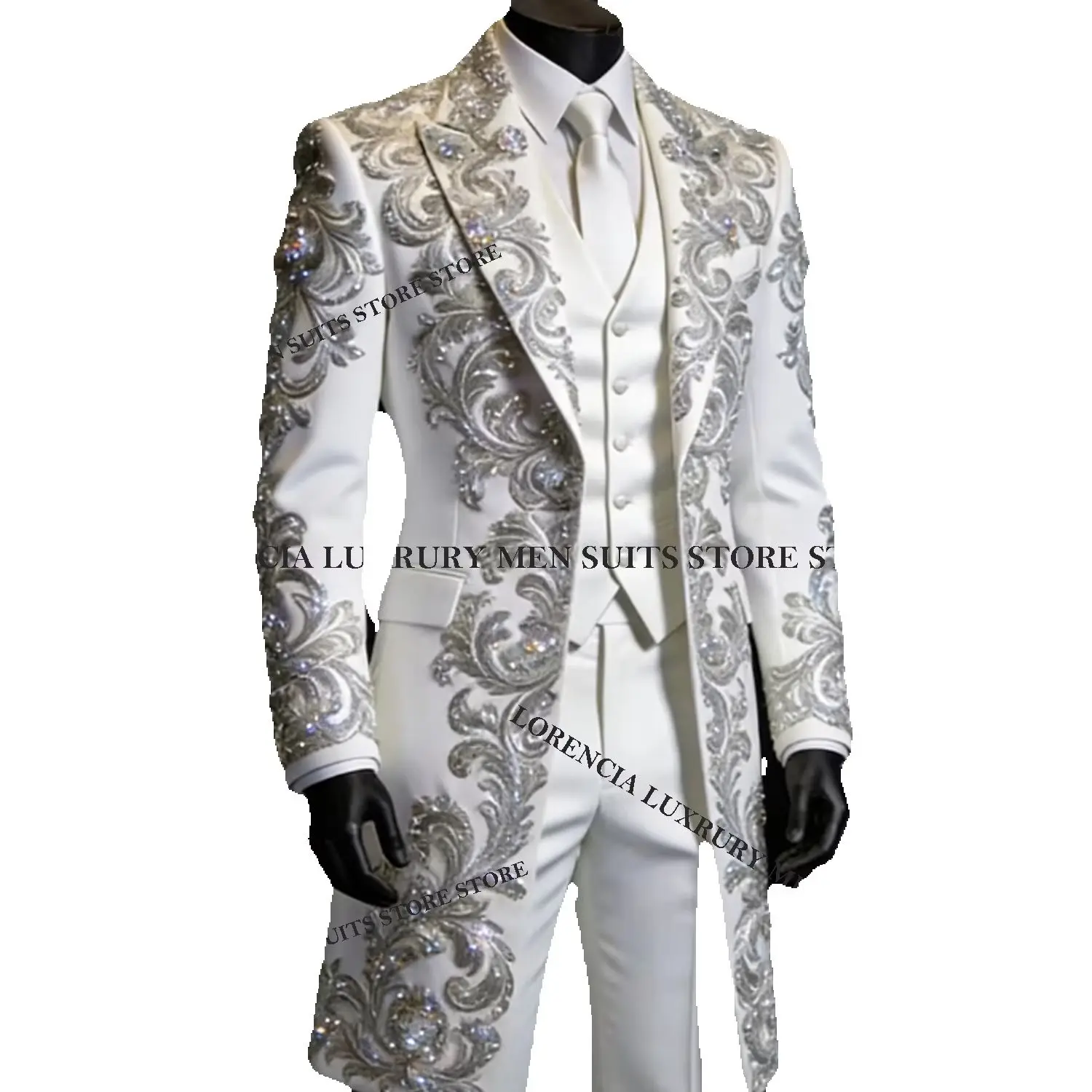 Customized Elegant Gem Men Suit Luxury Corset Crystal For Wedding Groom Male Prom Party Glitter Blazer 3 Pieces Set Tuxedos Slim