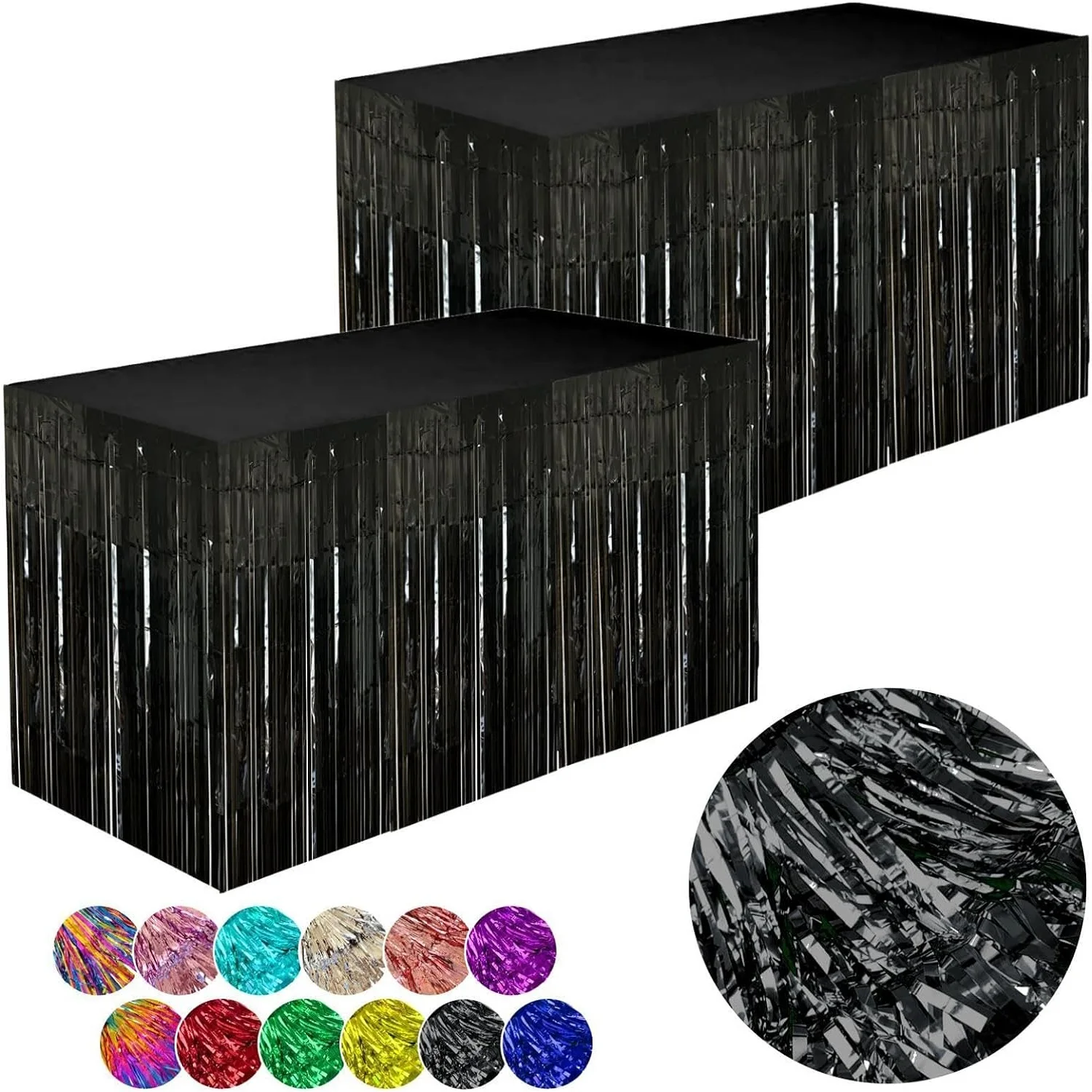 Falda de mesa de aluminio de plástico negro, decoración de eventos, falda de mesa, cinta de rayas de lámina metálica, paquete de 2