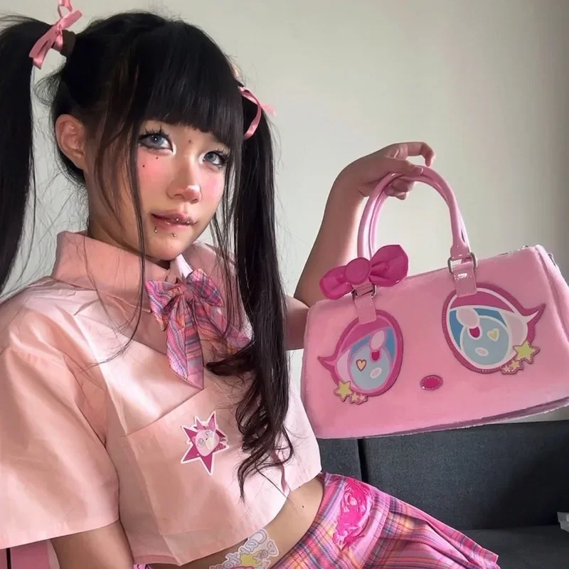 الدب حقيبة كروسبودي Harajuku Y2k حقيبة يد نسائية Kawaii الأسود حقيبة قطيفة اليابانية الحلو فتاة المرأة حقيبة سفر عالية السعة