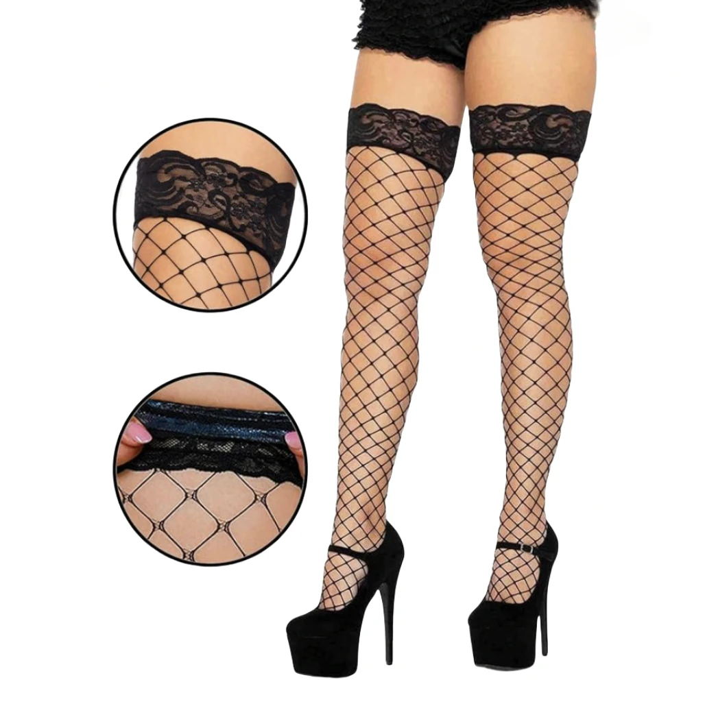 

Stay Up Silicone Lace Top Stockings Sexy Tights Thigh High Fishnet Socks Plus Size Lingerie Women's Non-slip Stockings