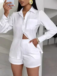 Two Piece Outfits Women's Turn-down Collar Pocket Design Buttoned Shirt Top and Shorts Set Fashion Lady Summer Loose Suit Sets