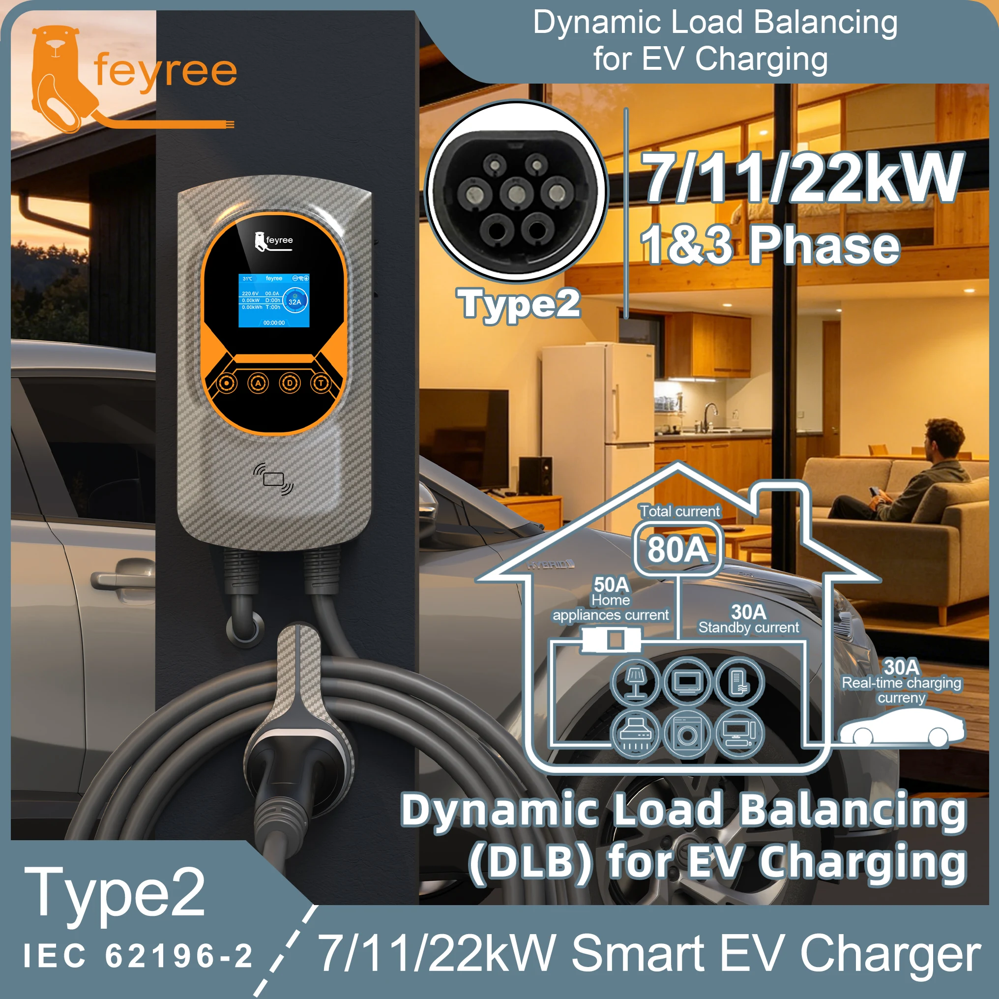 Cargador de Vehículos Eléctricos Feyree DLB Tipo 2, Estación de Carga Inteligente para el Hogar con Gestión de Energía, Plan de Carga Equilibrada y Control por Aplicación (EVSE)
