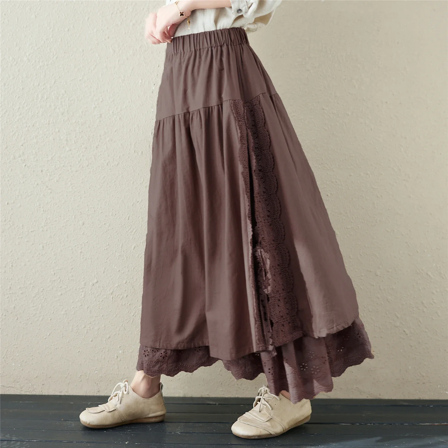 Japanese Cotton Linen Long Skirts Women Vintage Embroider Lace Up A-line Sweet Elastic Hight Waist Lolita Female Pleated Skirt