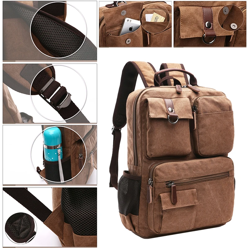 Mochila Retro de Lona para Hombre, Estilo Militar, para Viajes, Trabajo, Estudiantes, con Doble Asa para Ordenador y Libros