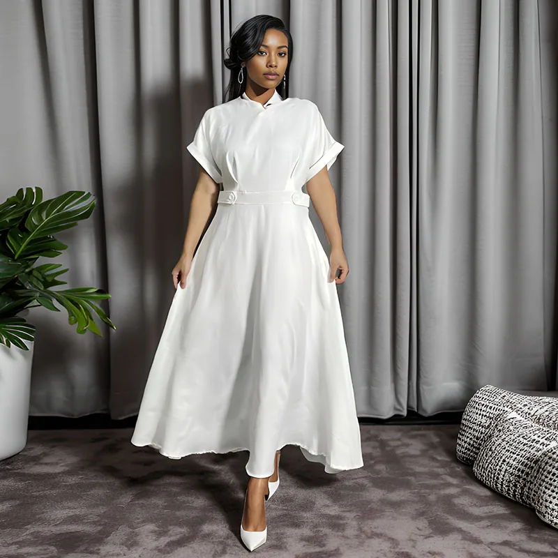 Fashion Elegant High Waist White Maxi Dresses For Women 2024 New Arrival Casual A-line Office Lady Pockets Commute Vestidos