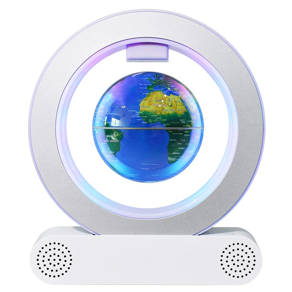 Round shape world map rotating magnetic levitation floating globe for desktop decor education with bluetooth speaker