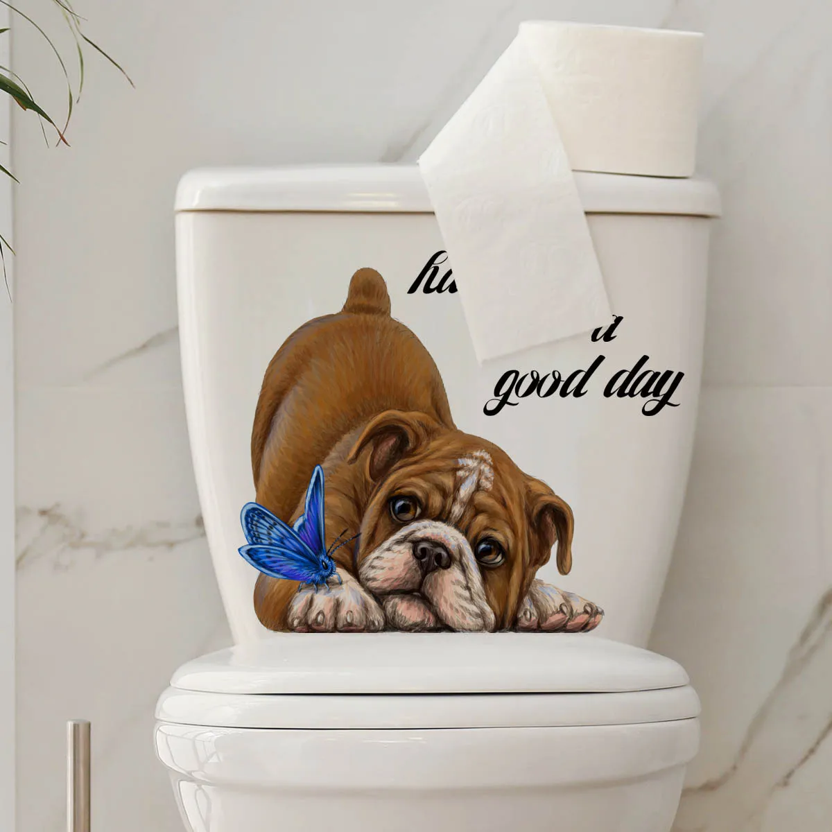 Bulldog Butterfly Toilet Sticker Have A Good Day Wall Stickers Restroom Decorative Butterfly Dog Toilet Stickers Self-adhesive