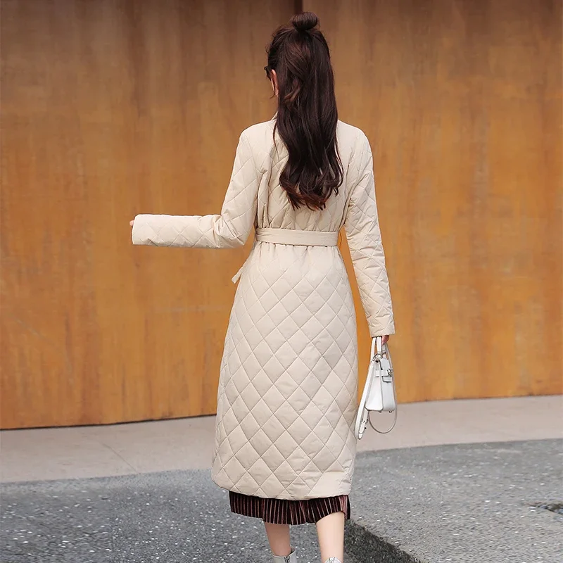 Woman Jacket Parkas X-long Belted Space Cotton 2024 New Diamond Plaid Coat Down Women's Over The Knee Winter Clothing Warm Coats