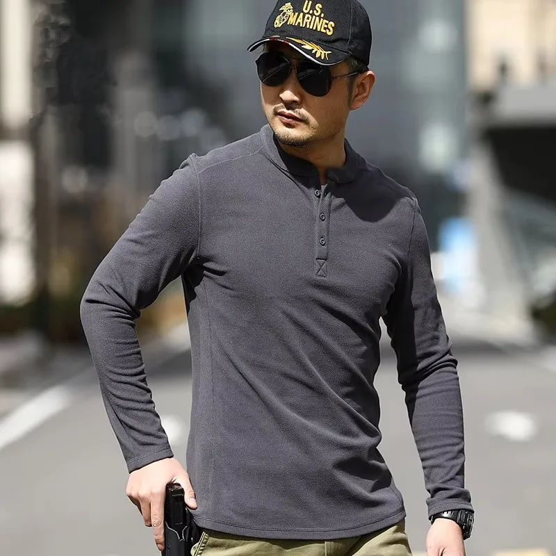 Outdoor  Henley Shirt Men's Long Sleeve Collar T-shirt Summer High Elastic Sports  Uniform  Top T-shirt