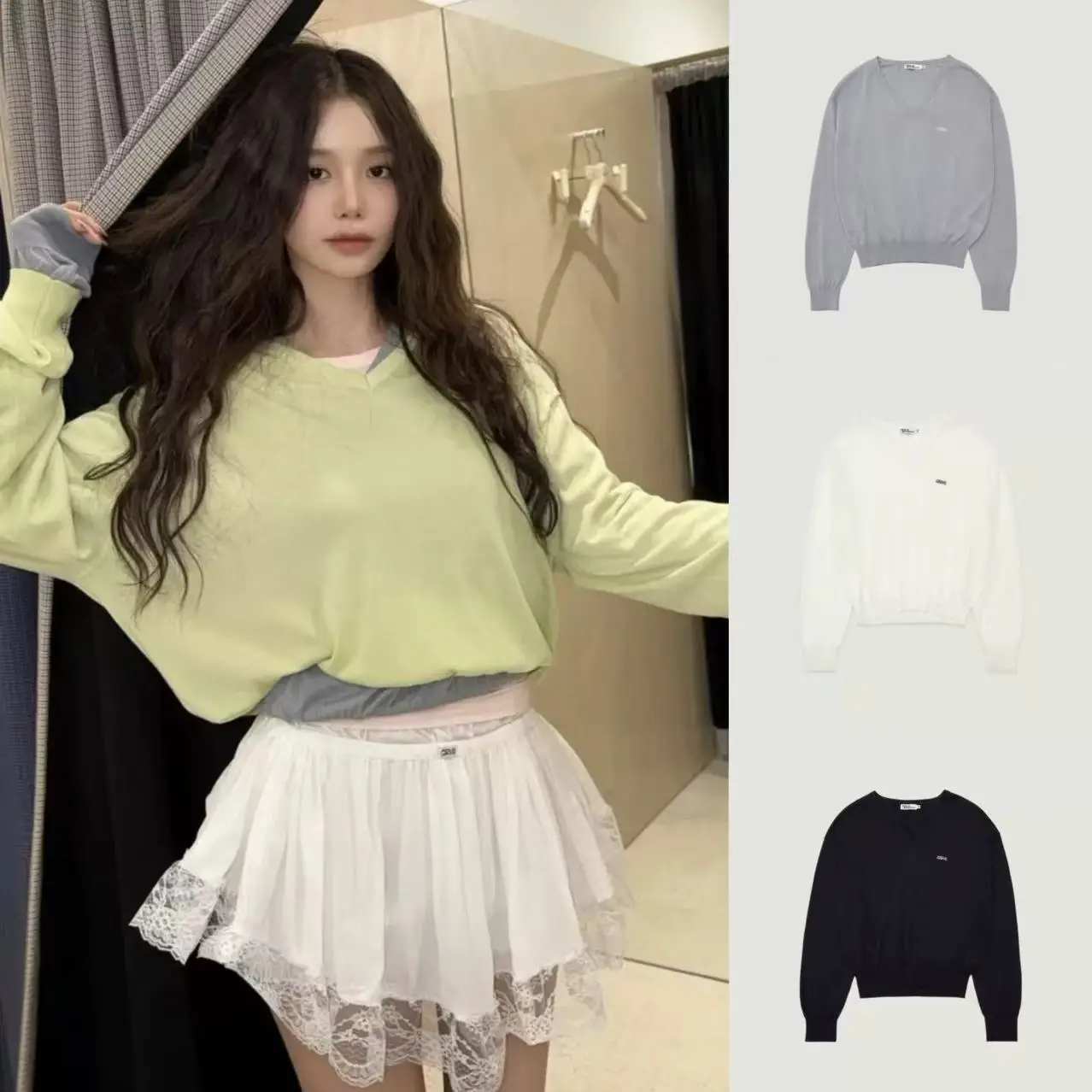 

Свободный свитер с V-образным вырезом, однотонный, универсальный, в студенческом стиле, женский, с длинным рукавом, укороченный, цветной топ