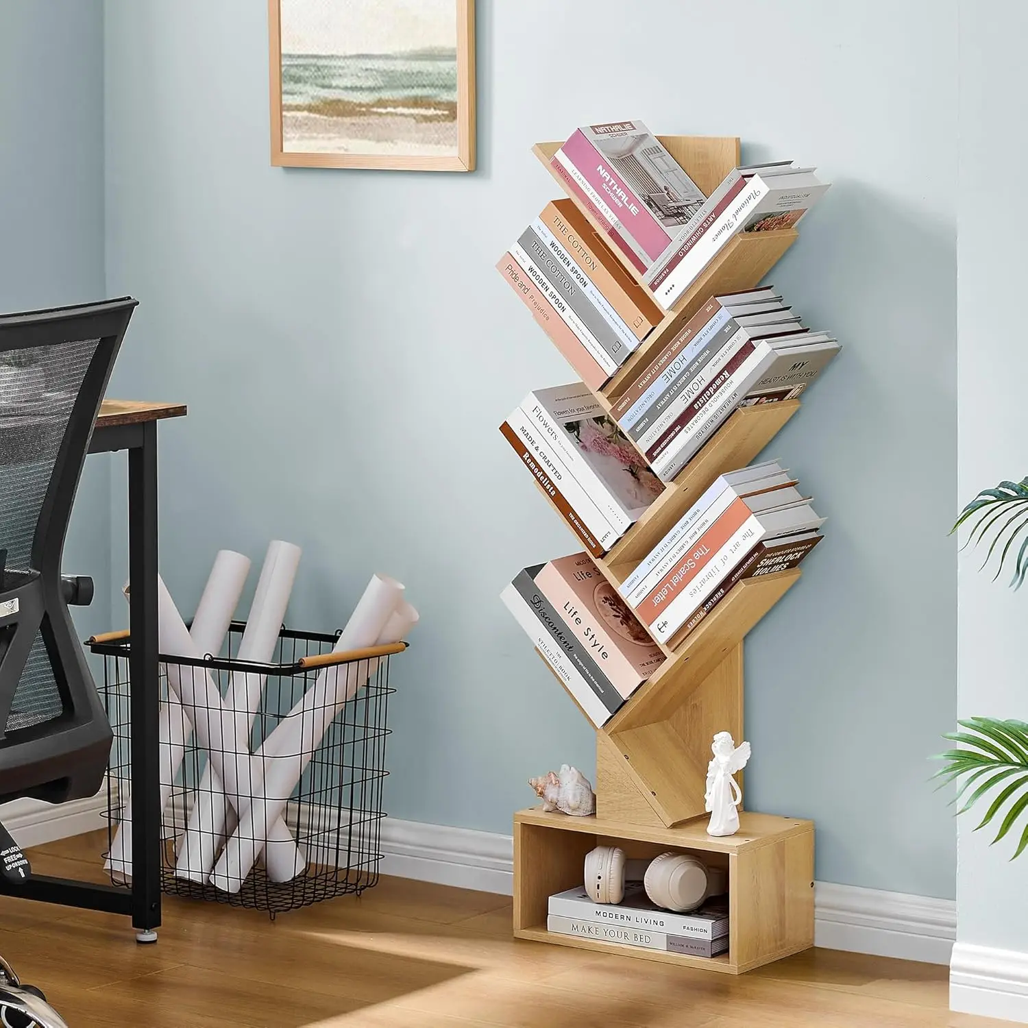 6 Tier Tree Bookshelf, Tall Bookcase with Drawer, Freestanding Book Shelf, Display Floor Standing Storage Shelf, Book Or