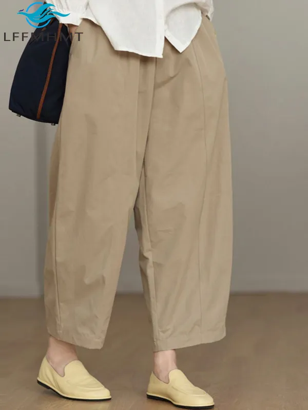 Japan Style Solid Color Pure Cotton Casual Pants for Women Summer Fashion Elastic Waist Loose Casual Ankle Length Trouser