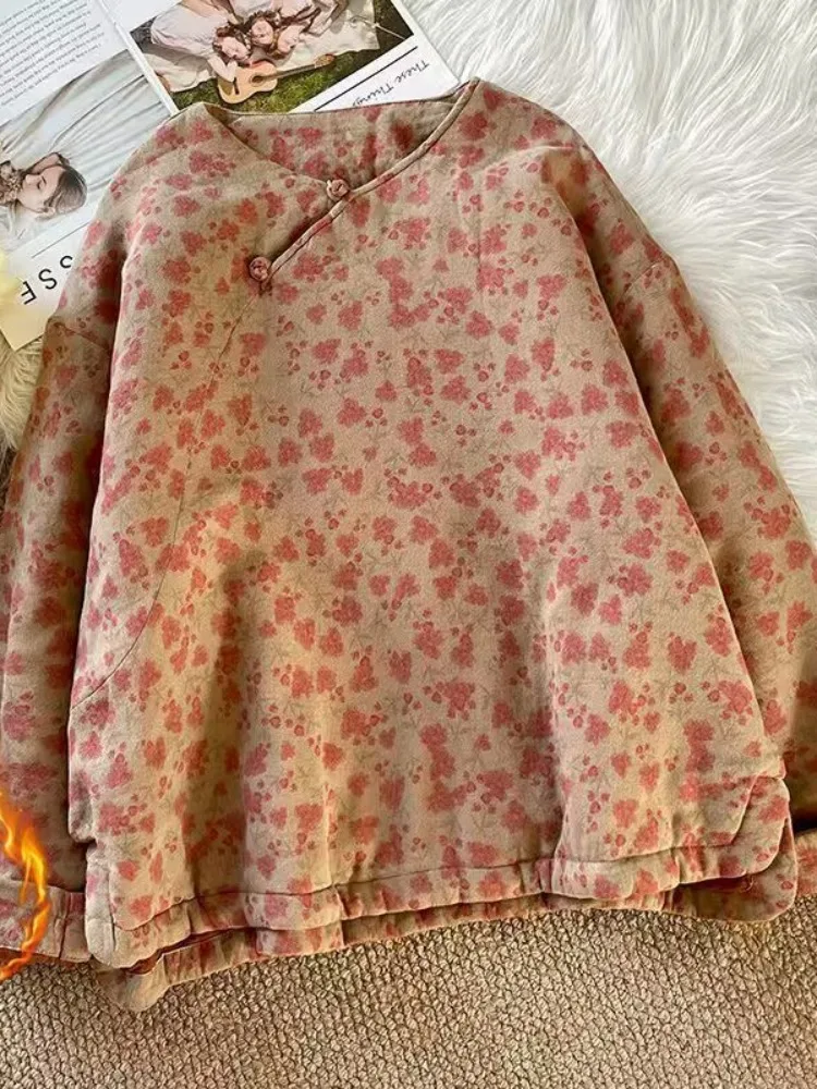 

Хлопковое пальто в стиле ретро с цветочным принтом, женское тонкое зимнее новое хлопковое пальто с боковыми пуговицами, свободное длинное пальто с круглым принтом Ne