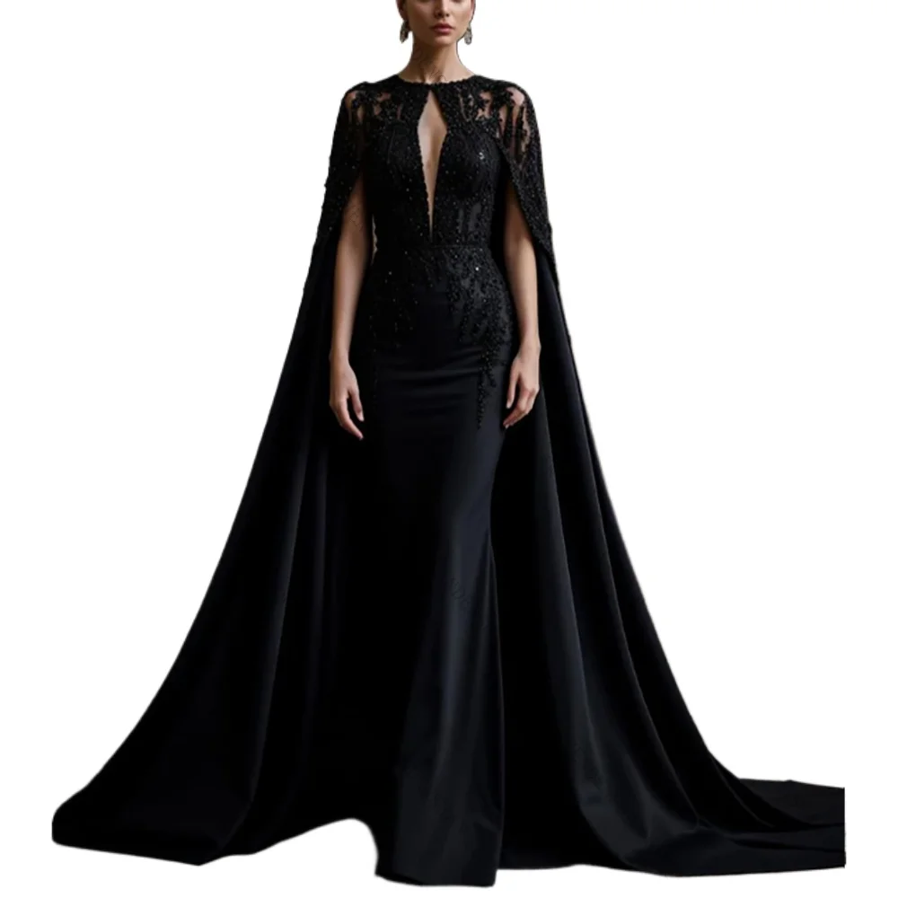 Black Cap Sleeves Mermaid Evening Dress Satin Lady Formal Prom Gown Robes De Soirée Customized Dresses