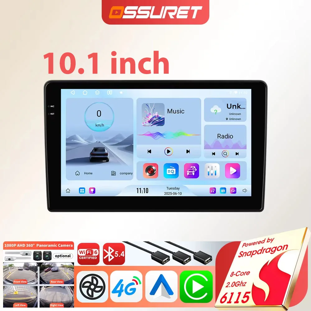 10,1 Zoll Android Autoradio-Player Universal-Multimedia-Player Radio Carplay Auto 2 DIN Intelligentes Auto GPS von Snapdragon 6115