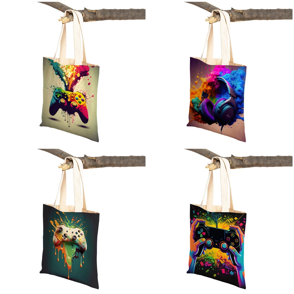 Colorful Punk Neon Gamer Controller Women Shopping Bags Double Print Casual Canvas Handbag Art Shoulder Shopper Bag Lady Tote