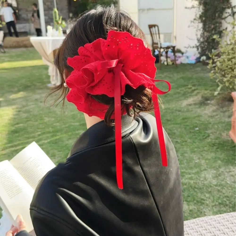 Flower Shape Ballet Style Lace Scrunchies Hair Tie Heart Embroidery Large Hair Scrunchies Cloth Rubber Bands
