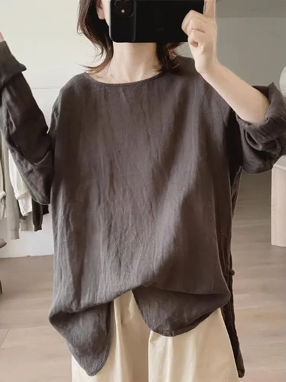 

Women's round Ne irt Loose Fit Summer New Sle Large Size Slimming Simple Design l Flax Long Sve Top