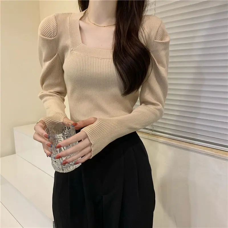 Pullovers Women French Style Inside Leisure Sweater Square Collar Crop Personal Puff Sleeve Elegant Sexy Sweet Mujer Slim Tender