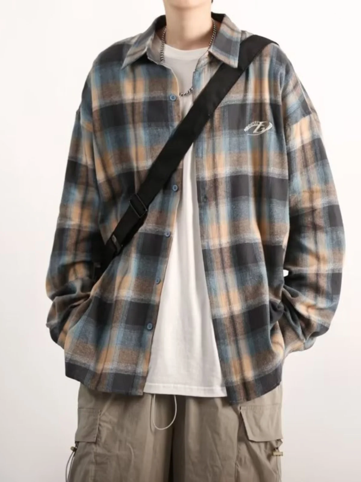 

Contrast Color Plaid Long Sleeve Men's Shirt Autumn Style Casual Loose Bf Outerwear Hong Kong Retro High Street Trendy Brand