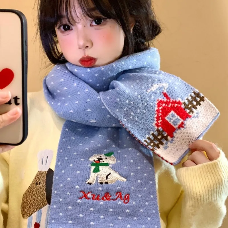 

Новый вязаный шарф с милым щенком и вышивкой в горошек, зимние теплые шарфы для мужчин и женщин, уличный подарок на Рождество