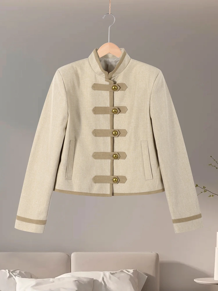 

2026 весенняя женская куртка, однобортное пальто с воротником-стойкой и длинными рукавами, лоскутное женское пальто с карманами, модная женская новая верхняя одежда