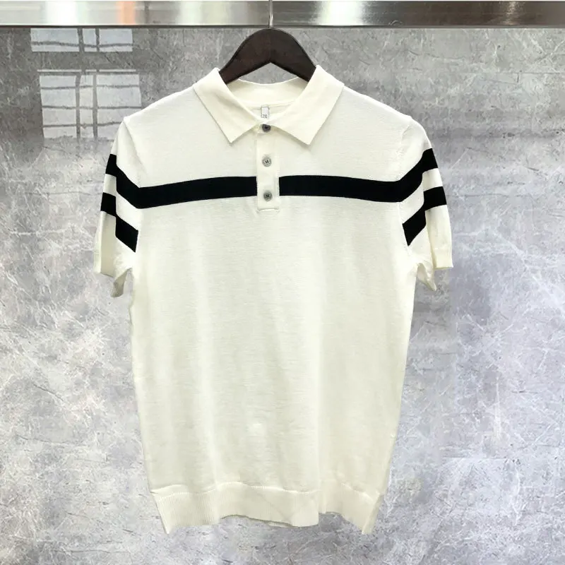 

Summer Personalized Contrast Stitching Lapel Short Sleeve Tshirt Quality Knitted Top Stripe Color Matching Knitted Polo Shirt