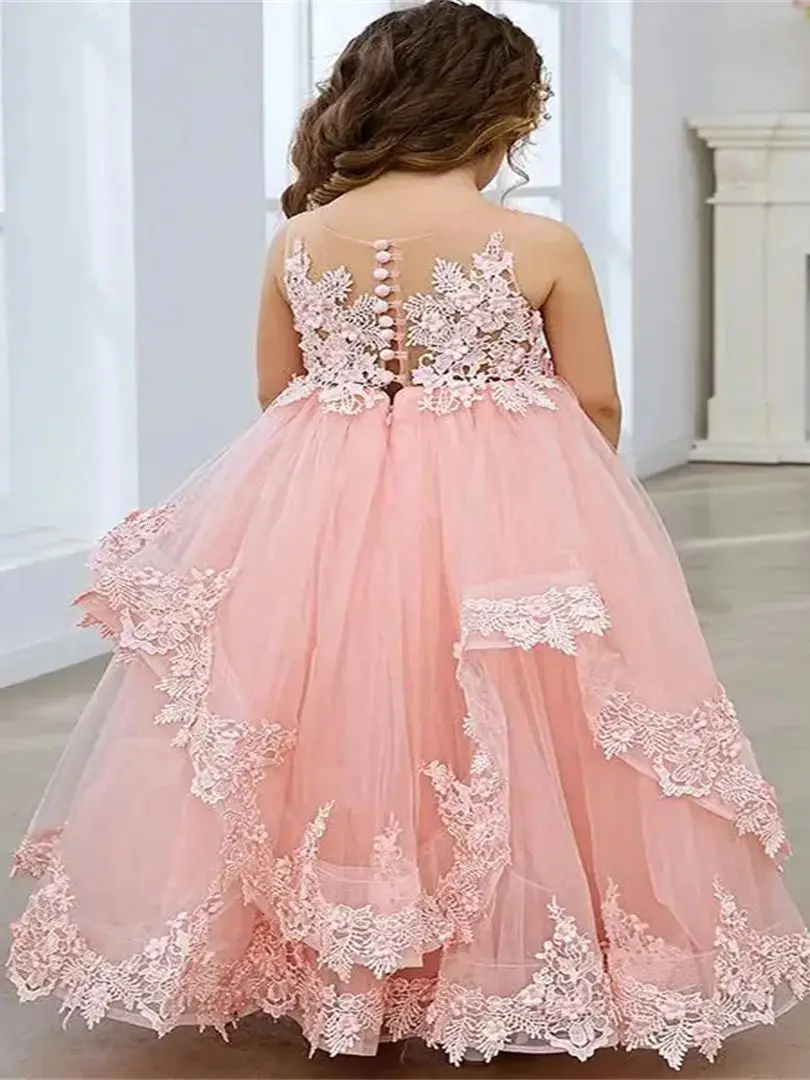 Vestidos de niña de flores personalizados para boda, apliques de encaje hinchados, tul, fiesta de cumpleaños para niños, vestidos de baile de princesa, vestido de desfile