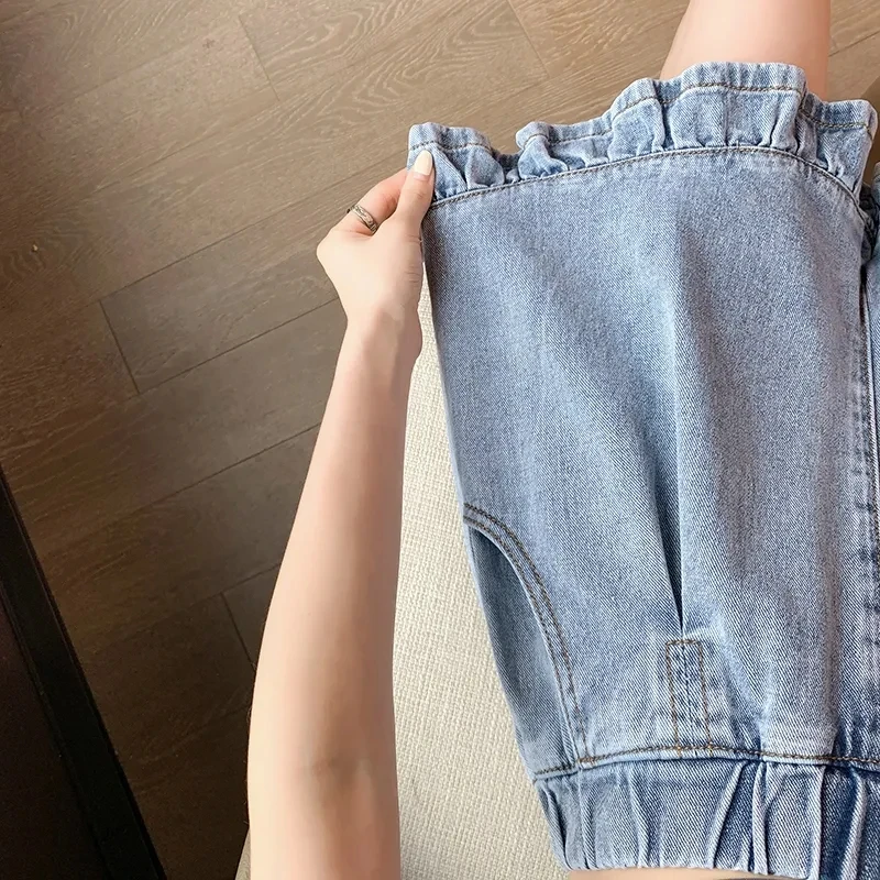 Short en Denim Respzed pour Femme, Short d'Été Plissé, Taille Haute, Amincissant, Pantalon à Jambes Larges