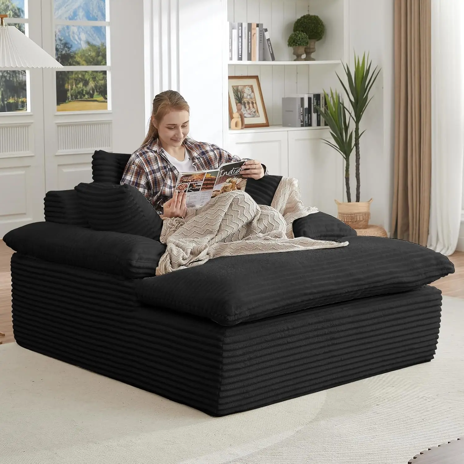 

Oversized Chaise Lounge Chair Indoor, 50" Corduroy Upholstered Modern Sofa with 3 Pillows, Comfy Sleeper & Reading Chair