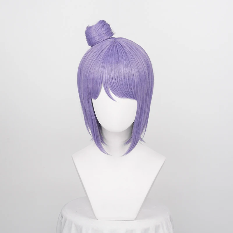 Konan Cosplay Wigs for Women Anime Party 30cm Short Purple Grey Mixed Straight Synthetic Hair with A Bun + Wig Cap