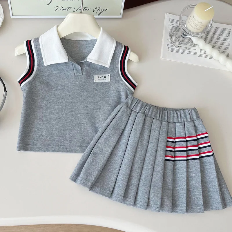 Baby Girl College Style Summer 2PCS Clothes Suit Polo Collar Kids Girls Vest Top Set Thin Stylish Pleated Skirt Outfit Clothing