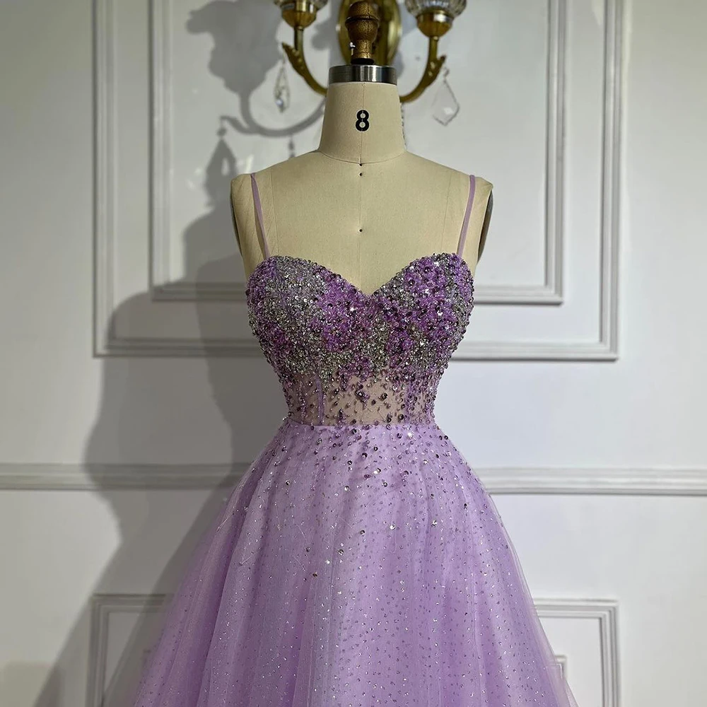 Serene Hill Arabic Lilac Spaghetti  A Line Beaded Luxury Dubai Evening Dresses Gowns for Women's Party 2024 LA72571 Customized