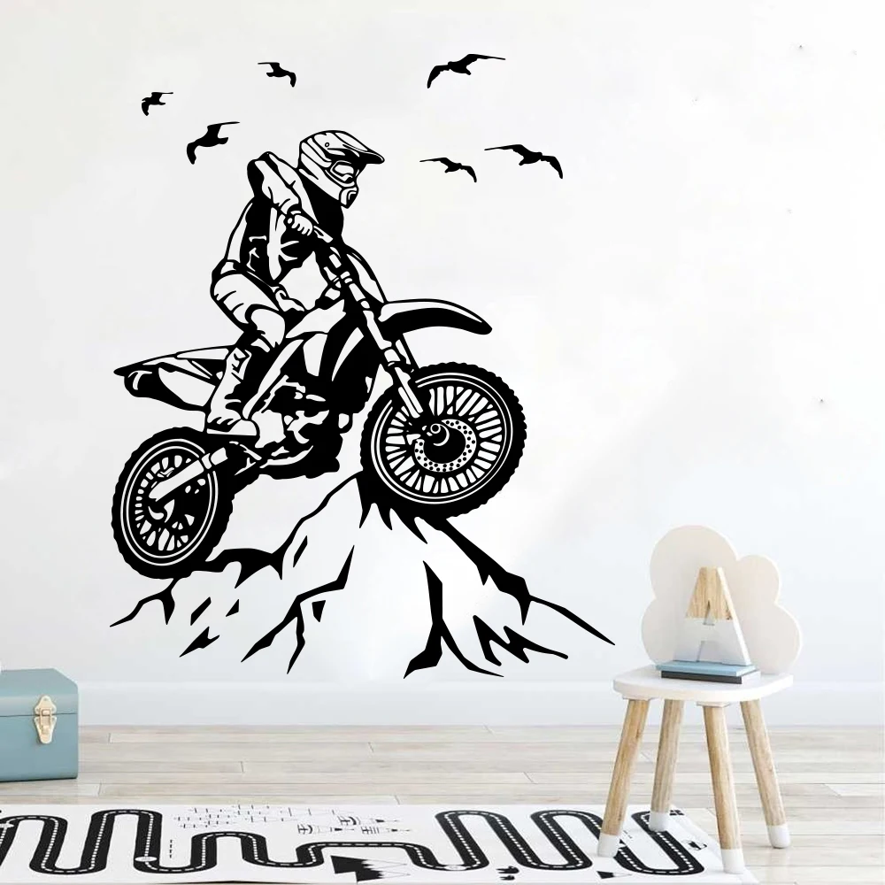 Dirt Bike Mountain Wall Sticker Playroom Motorbike Motorcross Bird  Jump Stunt Cross Wall Decal Bedroom Vinyl Home Decor