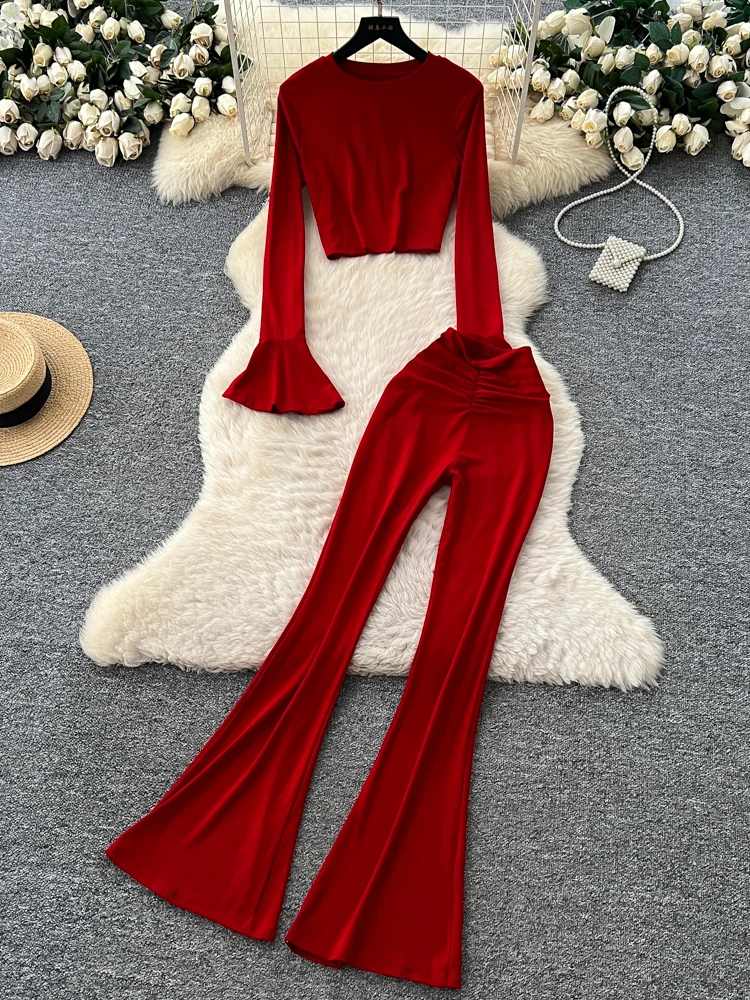 مثير ort Sve جرس Sve تي شيرت عالية الخصر ضيق صالح جولة Ne أعلى مع السراويل متوهج Faionable ملابس العمل غير رسمية #1