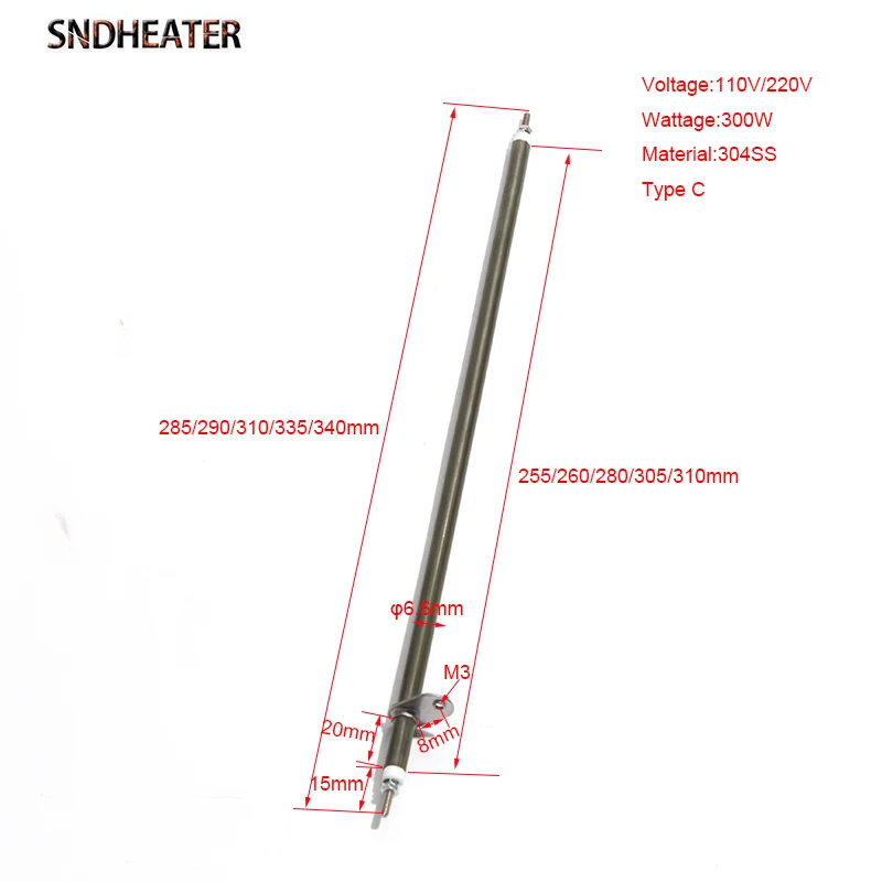 SNDHEATER 2pcs 300W 6.6x285/290/310/335/340mm Green Heater Pipe for Electric Oven 110V/220V Straight Style Heating Resistance