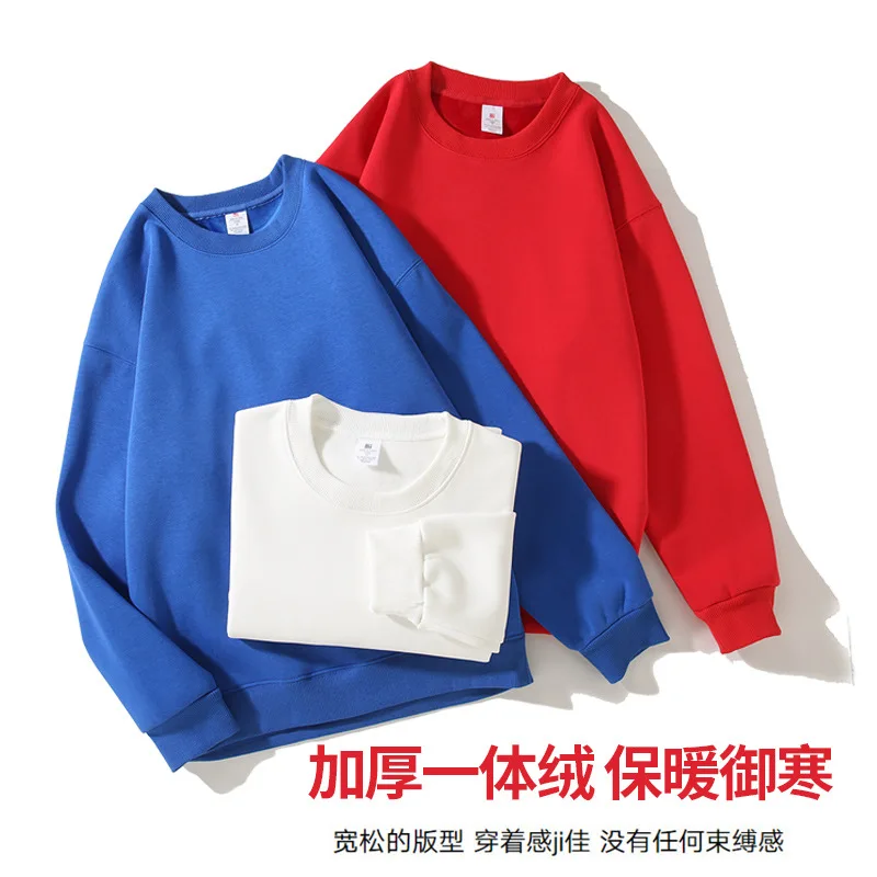 الخريف الشتاء الوزن الثقيل 400 جرام القطن الجولة الرقبة البلوز للجنسين الصوف سميكة سترة الرجال طويلة الأكمام تي شيرت