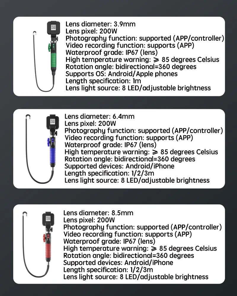 3.9mm/6.4mm/8.5mm lens 200W 1080P HD 360° steering endoscope engine carbon detection WiFi endoscope camera for Android/iPhone