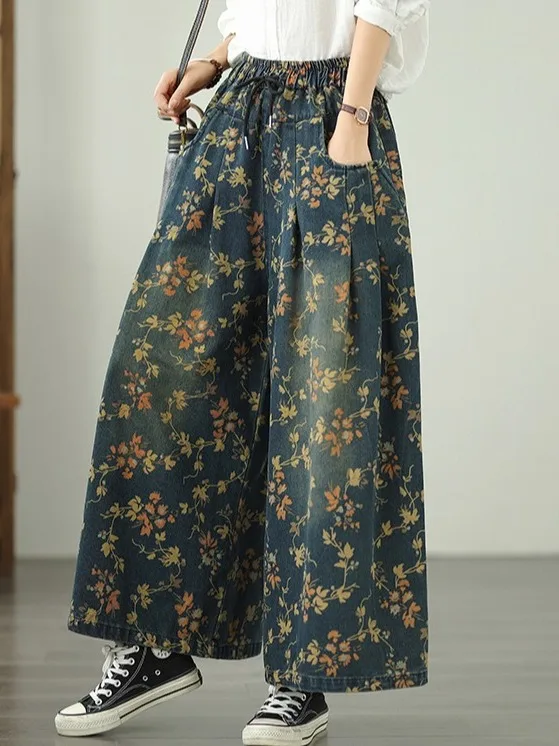 

High Waist Wide Leg Casual Jeans Women's plus Size Elastic Waist Printed Waed Denim Pants Slimming Loose Fit Trousers