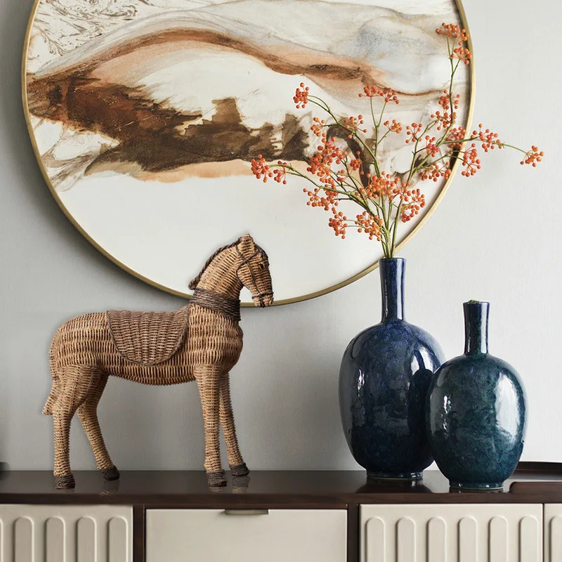 Resin Craft Sculpture Rattan Texture Horse Statue Simulation Animal Ornaments Home Decoration Figurines Accessories