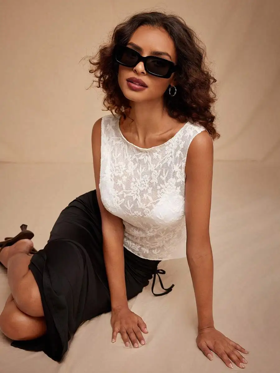 Новый летний жилет из кружевной сетки с цветочным принтом и оборками