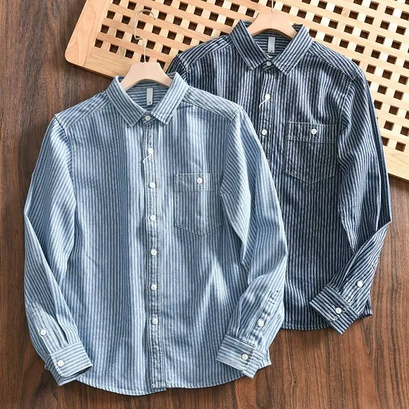 

Amekaji Men's Pure Cotton Denim Long Sleeve Shirt Vertical Stripes Washed Vintage Slightly Loose Casual Button Down Shirt Top