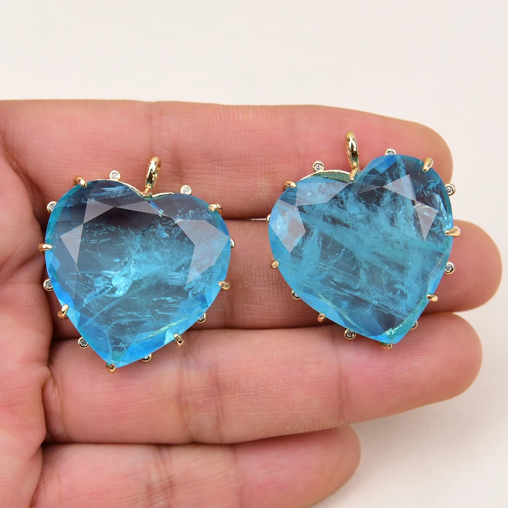 

APDGG 2 Pcs Cz Sky Blue Quartz Crystal Natural Stone Heart Shaped Gold Plated Pendant DIY Fashion Jewelry Necklace Making DIY