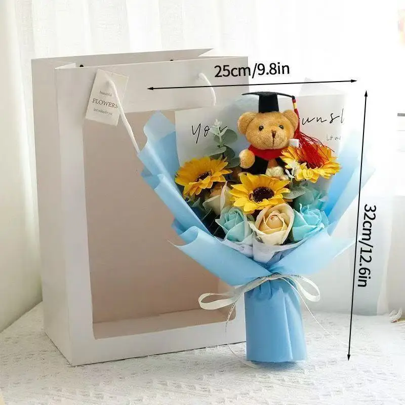 Graduate Bear Plush Bouquet Toy With Hand-Knitted Sunflower Kawaii Funny   Valentine\'s Day Xmas Girl Graduation Gift