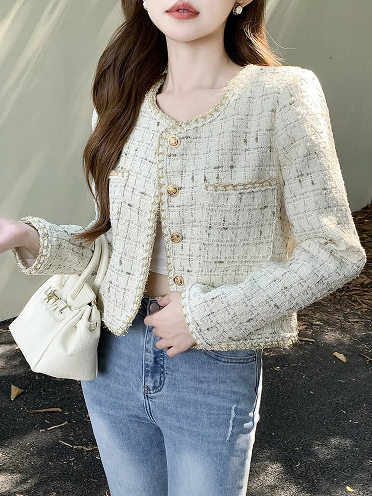 

2024 New Autumn Small Fragrance Women Single-Breasted Tweed Jacket Female Elegant Korean Fashion Casual Short Coat