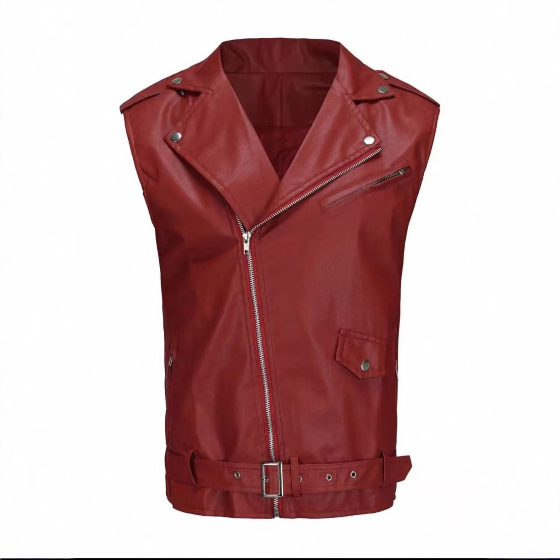 2025 New Men Wine Red PU Leather Lapel Zipper Decoration Belt Motorcycle Style Sleeveless Vest Waistcoat