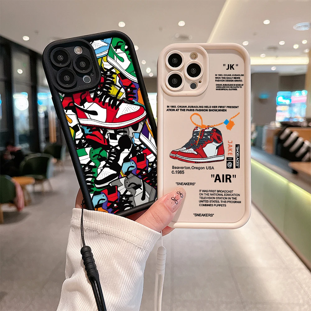 Luxury Trendy Sneakers Phone Case for IPhone 16 15 14 13 12 11 Pro Max Mini XR XS X 7 8 Plus Soft TPU Back Cover With Hand Strap