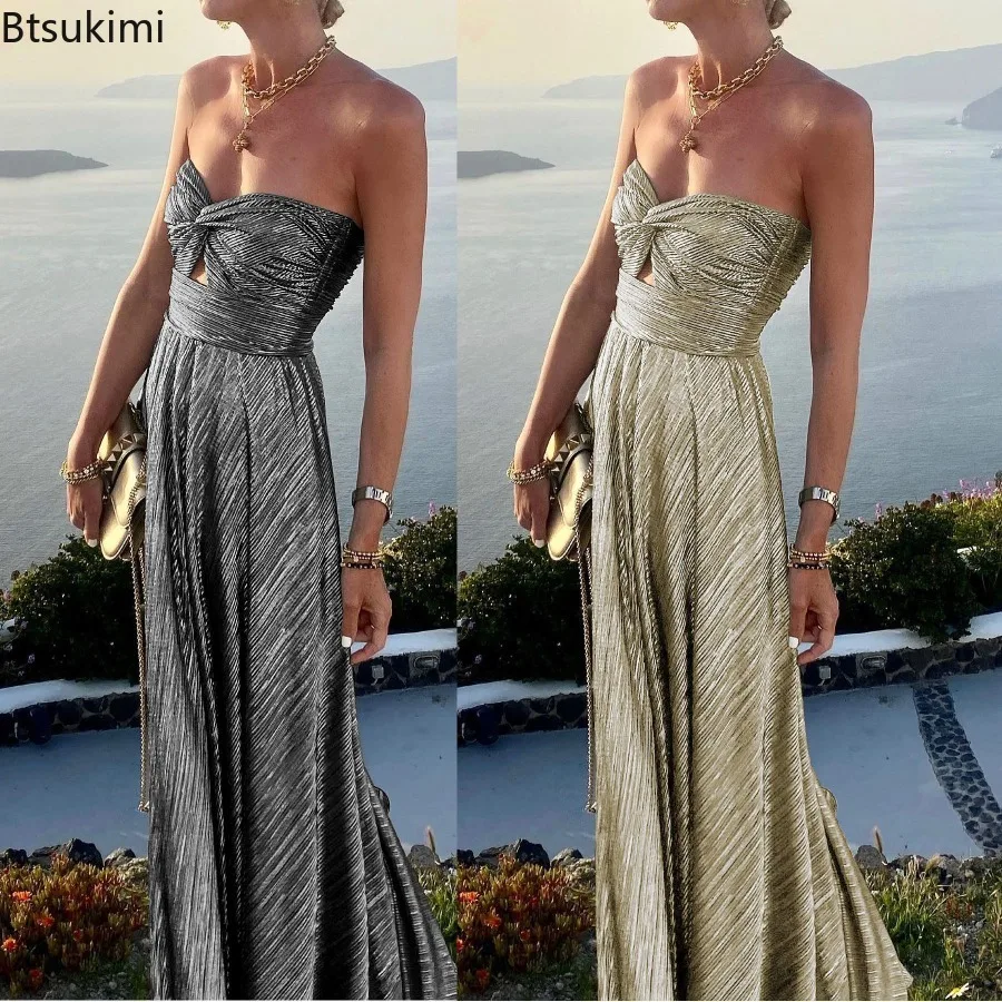 

2024Women's Elegant Club Party Dresses Sexy Chest Wrapping Gold Stamping Long Party Dress INS Casual Big Swing Dress for Evening