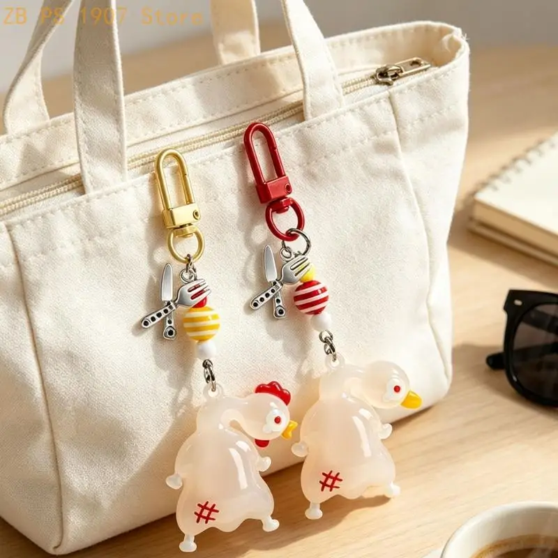 UV Color Changing Duck Keychain Pair with Funny Roast Chicken Pendants, Metal Hardware Bag Pieces for Keys, Backpacks, Everyday